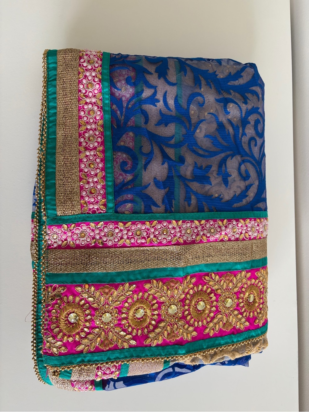 Blue Sheer Saree with Pink & Gold Embellished Border